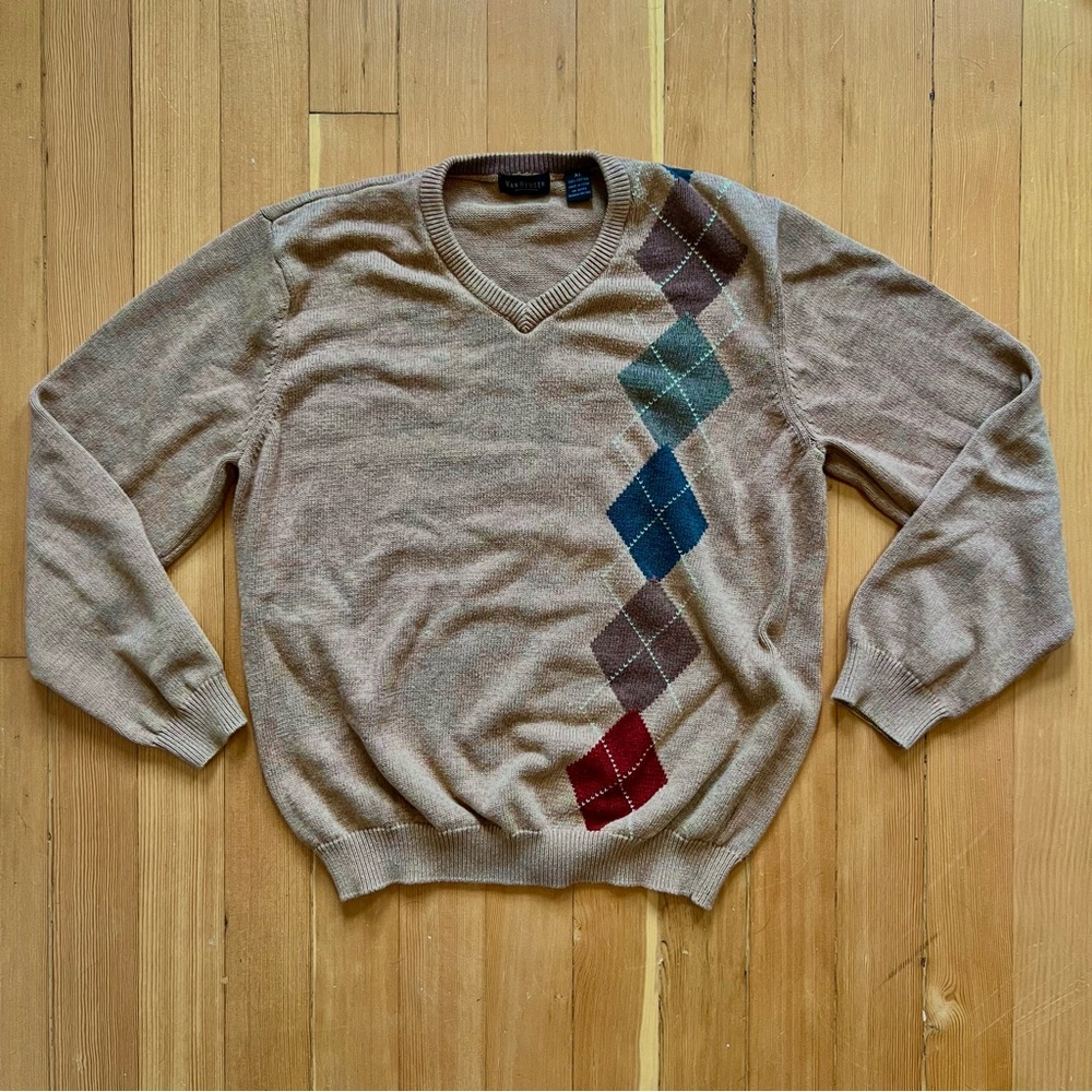 Tan argyle 100% cotton knit pullover sweater XL